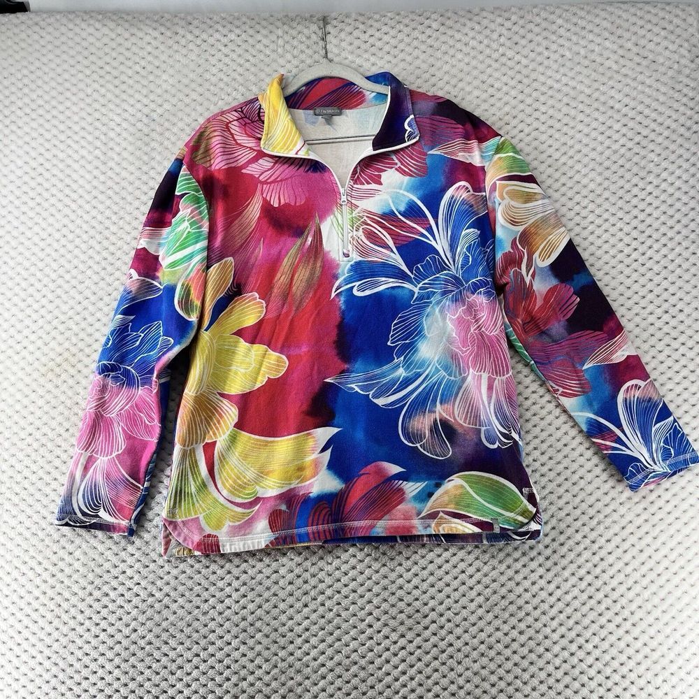 T by Talbots Womens Floral Quarter Zip‎ Pullover Multi Color French Terry Top M